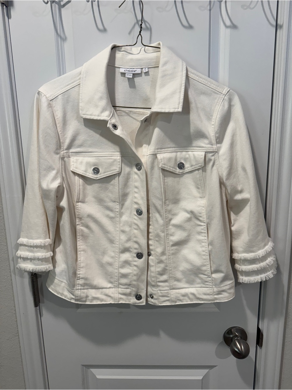 Chico's White 3/4 Fringe-Sleeve Denim Jacket